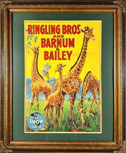 RINGLING BROS. BARNUM BAILEY CIRCUS POSTER: FEATURING GIRAFFE. HALF SHEET, GILT FRAMED. HAS NOT BEEN EXAMINED OUTSIDE OF THE FRAME. 30"X36"