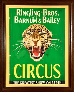 RINGLING BROS. BARNUM BAILEY CIRCUS POSTER: FEATURING LEOPARD HEAD AND TITLE, C.1950'S. HALF SHEET, FRAMED. HAS NOT BEEN EXAMINED OUTSIDE OF FRAME. 25"X32"