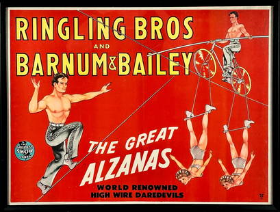 RINGLING BROS. BARNUM BAILEY CIRCUS POSTER: FEATURING THE GREAT ALZANAS, C.1950'S. HALF SHEET, FRAMED. HAS NOT BEEN EXAMINED OUTSIDE OF FRAME. 22"X28"