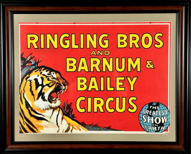RINGLING BROS. BARNUM BAILEY CIRCUS POSTER: RBBB TITLE WITH TIGER, 1940'S. HALF SHEET, FRAMED. HAS NOT BEEN EXAMINED OUTSIDE OF FRAME. 26"X32"