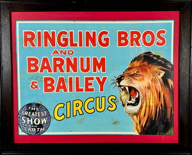 RINGLING BROS. BARNUM BAILEY CIRCUS POSTER: RBBB TITLE WITH LION, 1940'S. HALF SHEET, FRAMED. HAS NOT BEEN EXAMINED OUTSIDE OF FRAME. 25"X32"