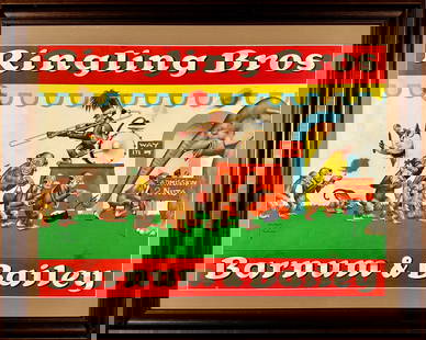 RINGLING BROS. BARNUM BAILEY CIRCUS POSTER: RBBB TITLE WIT LAWSON WOOD MONKEY ILLUSTRATION, 1940'S. HALF SHEET, FRAMED. EVIDENT STAINING. HAS NOT BEEN EXAMINED OUTSIDE OF THE FRAME. 25"X31"