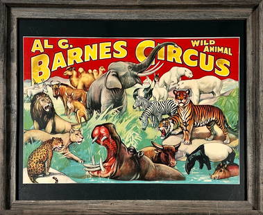AL G. BARNES WILD ANIMAL CIRCUS POSTER: FEATURING AN ANIMAL DISPLAY, C.1930'S. HALF SHEET, FRAMED. HAS NOT BEEN EXAMINED OUTSIDE OF FRAME. FRAME GLASS IS FRACTURED. 25"X30"