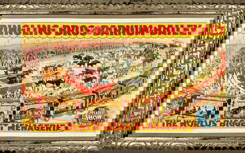 RINGLING BROS. BARNUM BAILEY CIRCUS POSTER: RBBB TITLE WITH MENAGERIE VIEWS, BILL BAILEY DESIGN, 1940'S. THIRD SHEET, FRAMED. 21"X32"