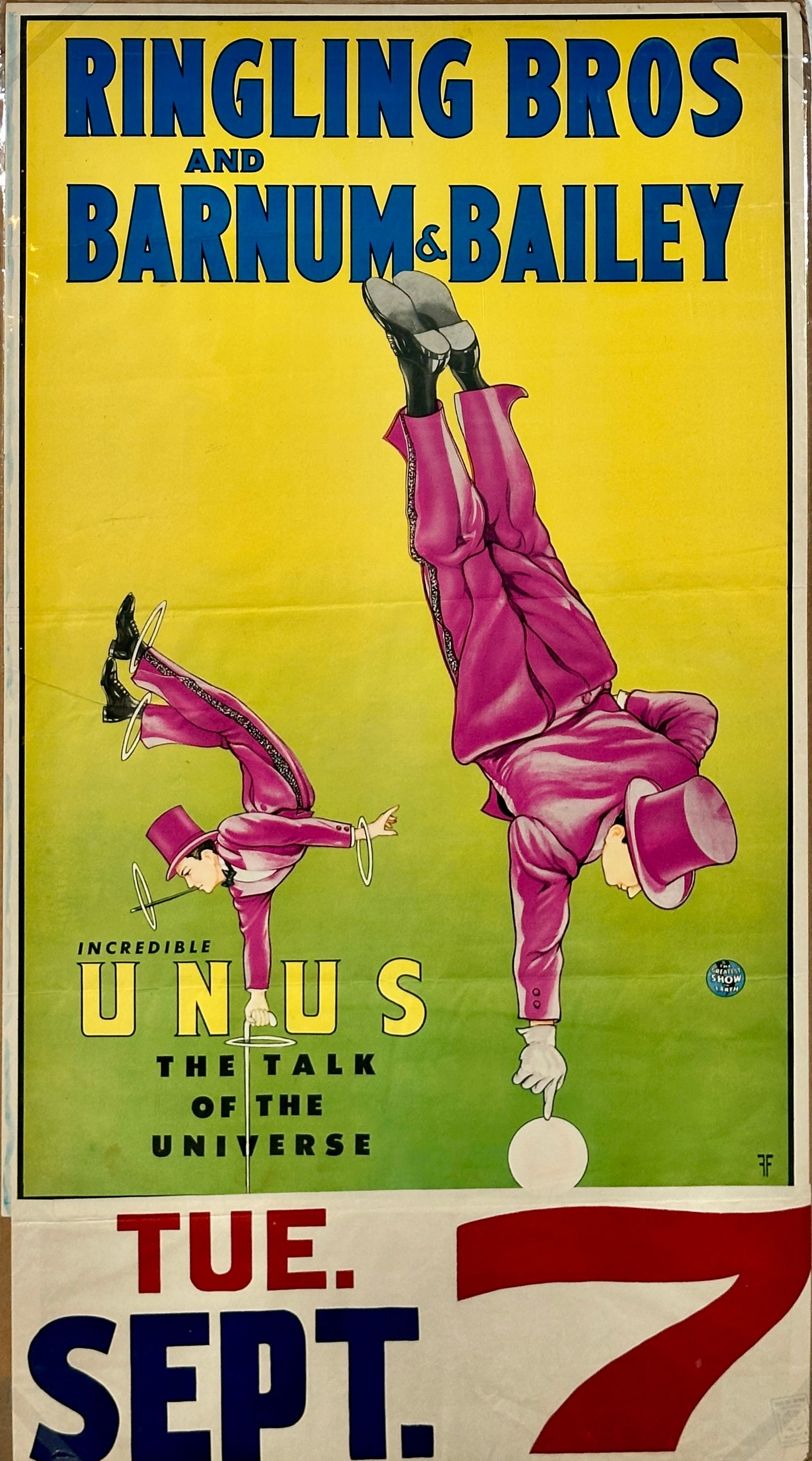 RINGLING BROS. BARNUM BAILEY CIRCUS POSTER: FEATURING THE INCREDIBLE UNUS, THE TALK OF THE UNIVERSE. ONE SHEET WITH DATE TAIL, 1954. UNMOUNTED. 27"X50"