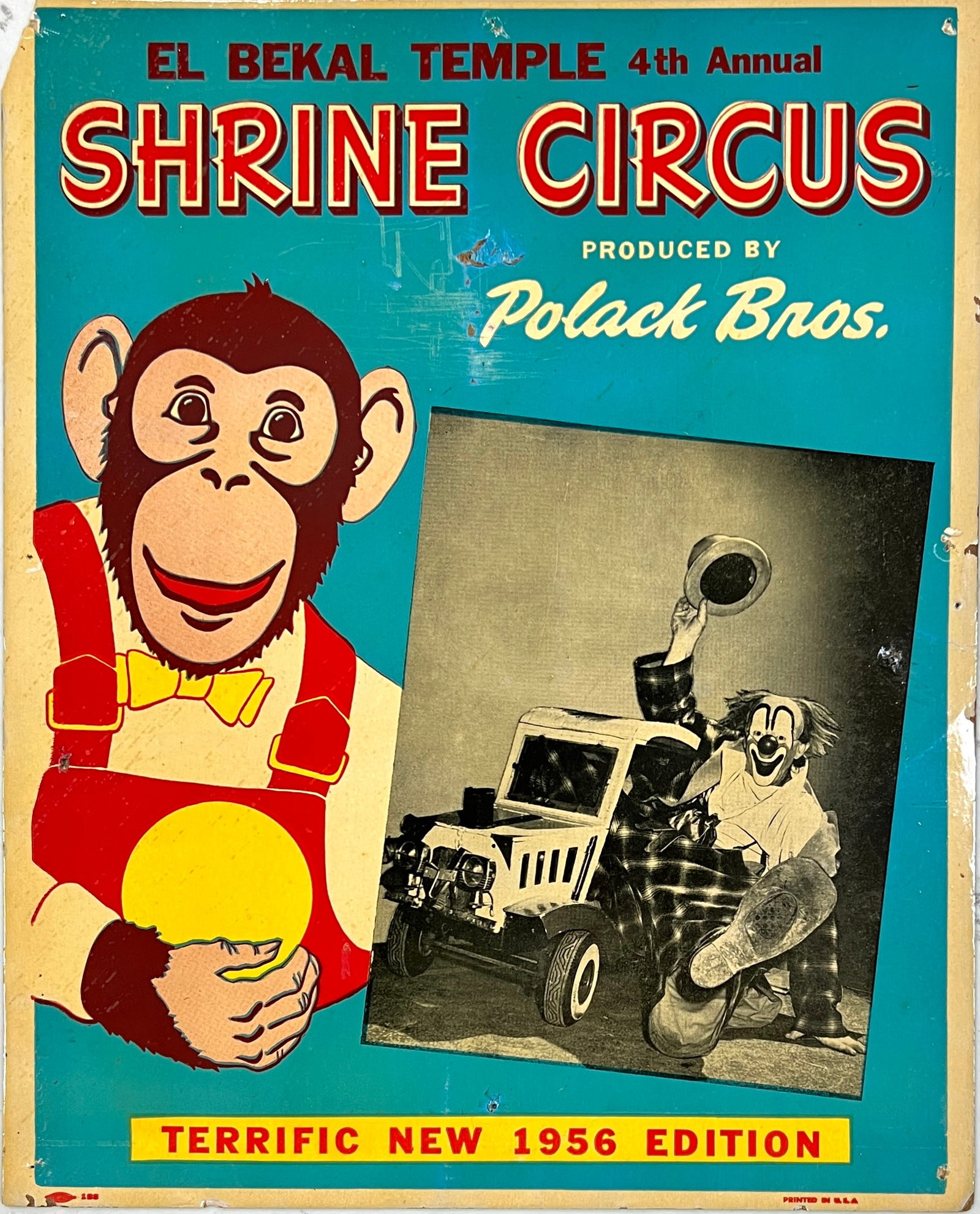 POLACK BROS. - LOU JACOBS WINDOW CARD: WINDOW CARD FOR EL BEKAL TEMPLE 4TH ANNUAL SHRINE CIRCUS PRODUCED BY POLACK BROS., FEAUTRING LOU JACOBS - TERRIFIC NEW 1956 EDITION. CARD STOCK, EVIDENCE OF POSTING. 14"X17"