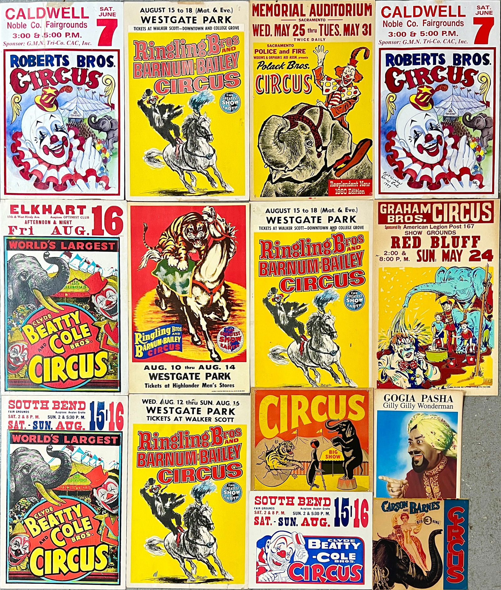 COLLECTION OF CIRCUS WINDOW CARDS: CARSON & BARNES, CB-CB, POLACK, RBBB, ROBERTS, GRAHAM. CARD STOCK. LARGEST 14"X22"