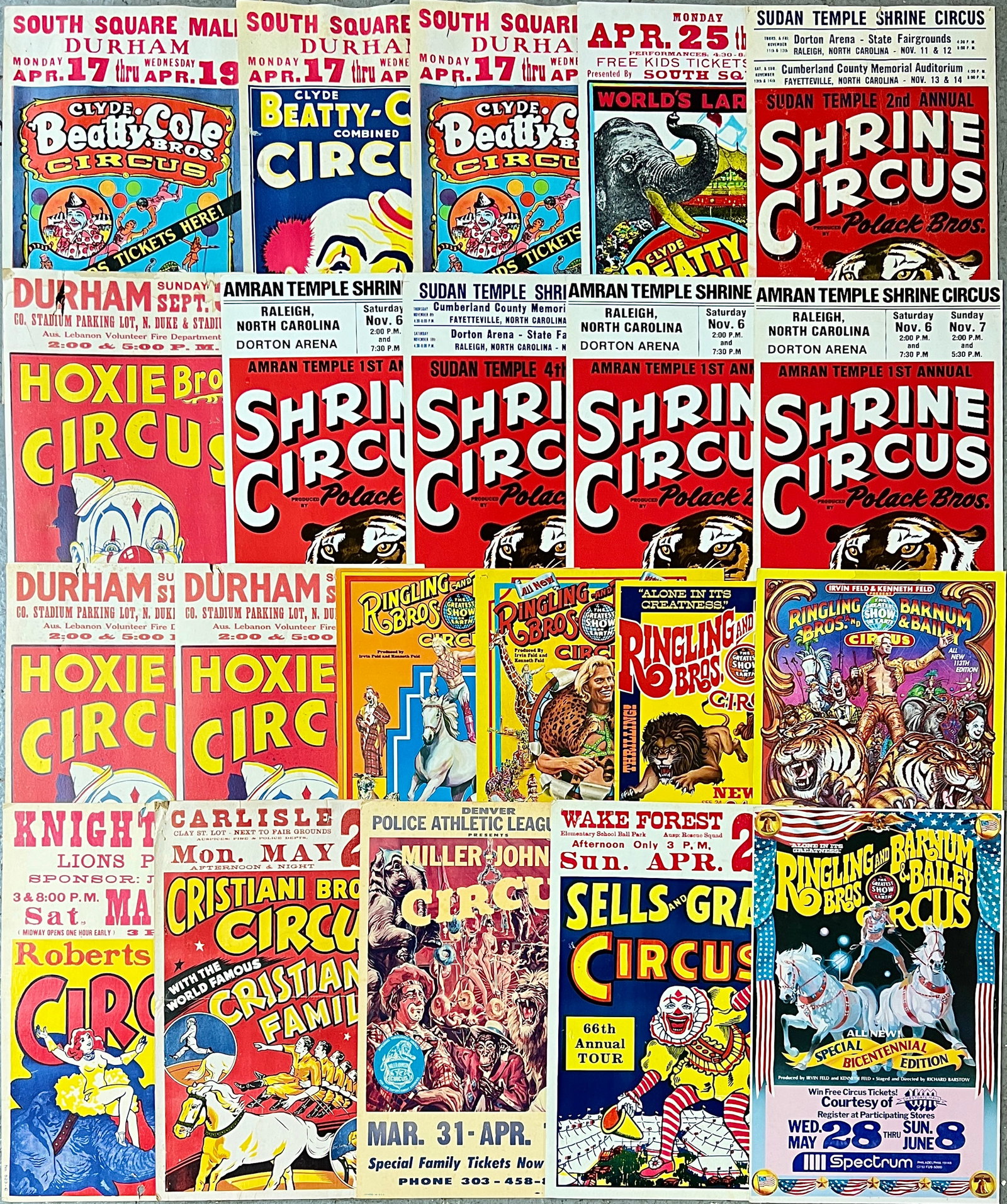 COLLECTION OF CIRCUS WINDOW CARDS: CB-CB, POLACK, RBBB, HOXIE, SELLS & GRAY, MILLER-JOHNSON, CRISTIANI, ROBERTS. CARD STOCK. 14"X22"