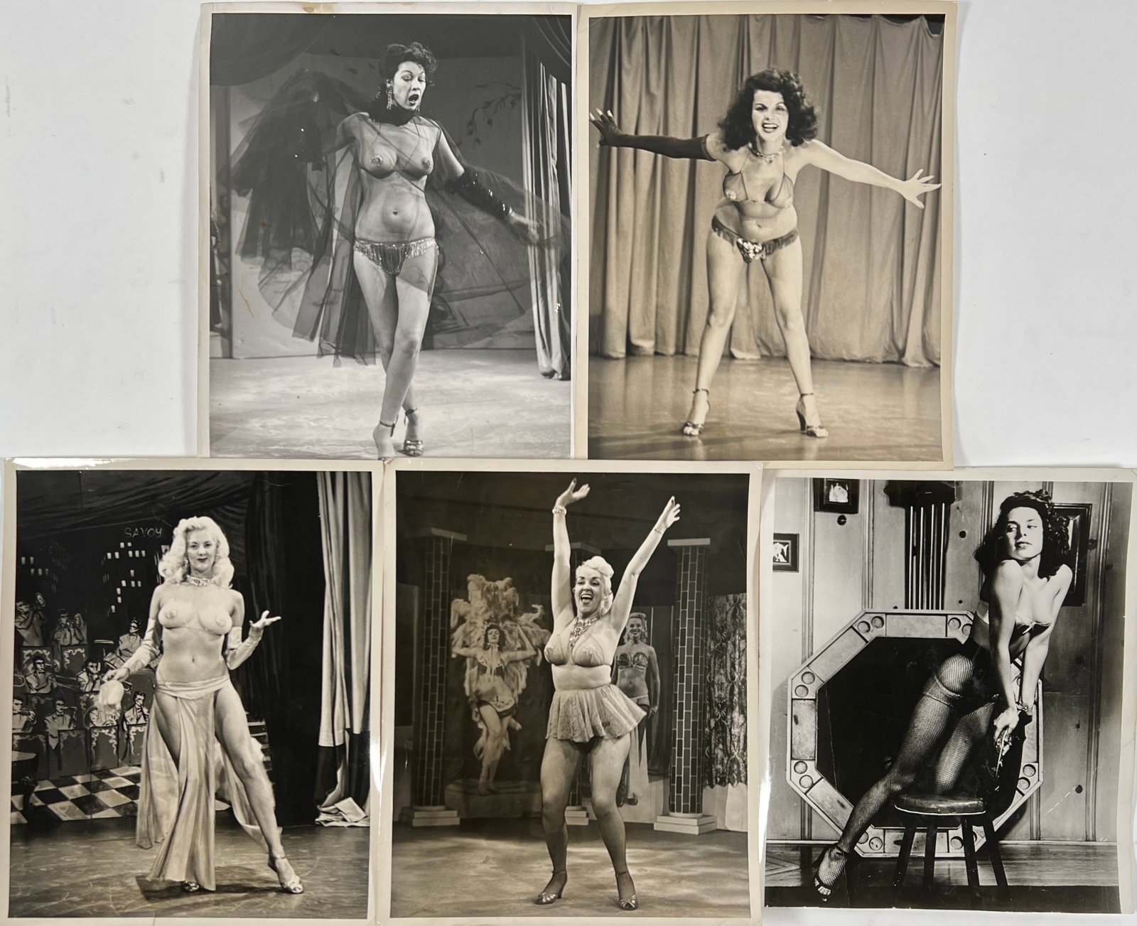 GIRL SHOW PHOTOGRAPHS: SERIES OF 8"X10" PHOTOGRAPHS OF GIRL SHOW PERFORMERS INCLUDING JEANNIE FRANCE, PAT DORSEY, TABBY O'NEIL AND OTHERS. CURLING.