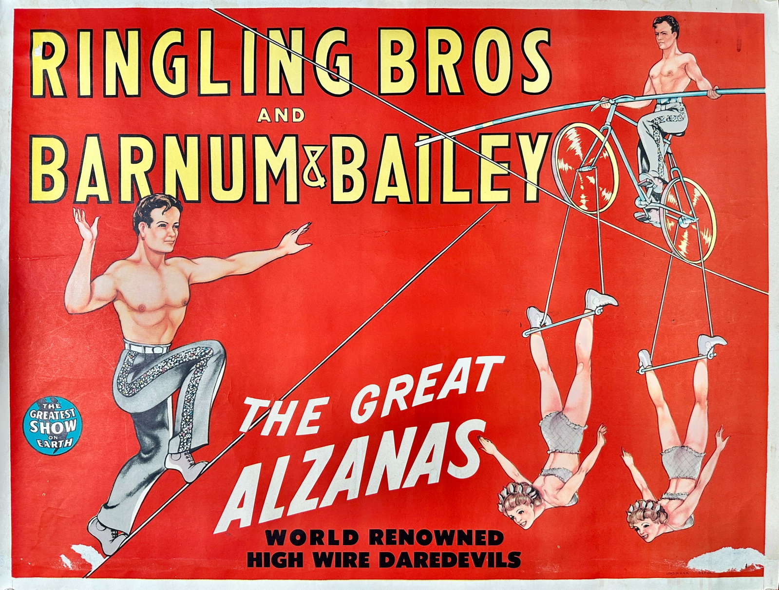 RINGLING BROS. BARNUM BAILEY CIRCUS POSTER: RBBB CIRCUS - THE GREAT ALZANAS. FORREST FREELAND ILLUSTRATION. HALF SHEET, UNMOUNTED, FOLD AS ISSUED. MARGINAL TEARS. APPROX. 21"X28"