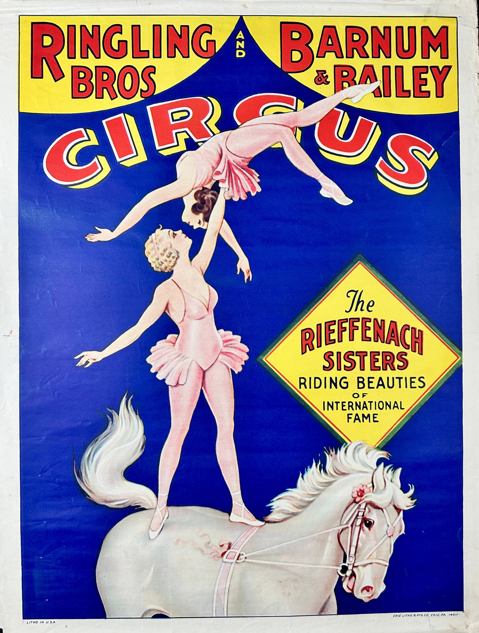 RINGLING BROS. BARNUM BAILEY CIRCUS POSTER: RBBB CIRCUS - THE REIFFENACH SISTERS. HALF SHEET, ERIE LITHO. UNMOUNTED, VERY GOOD. APPROX. 21"X28"
