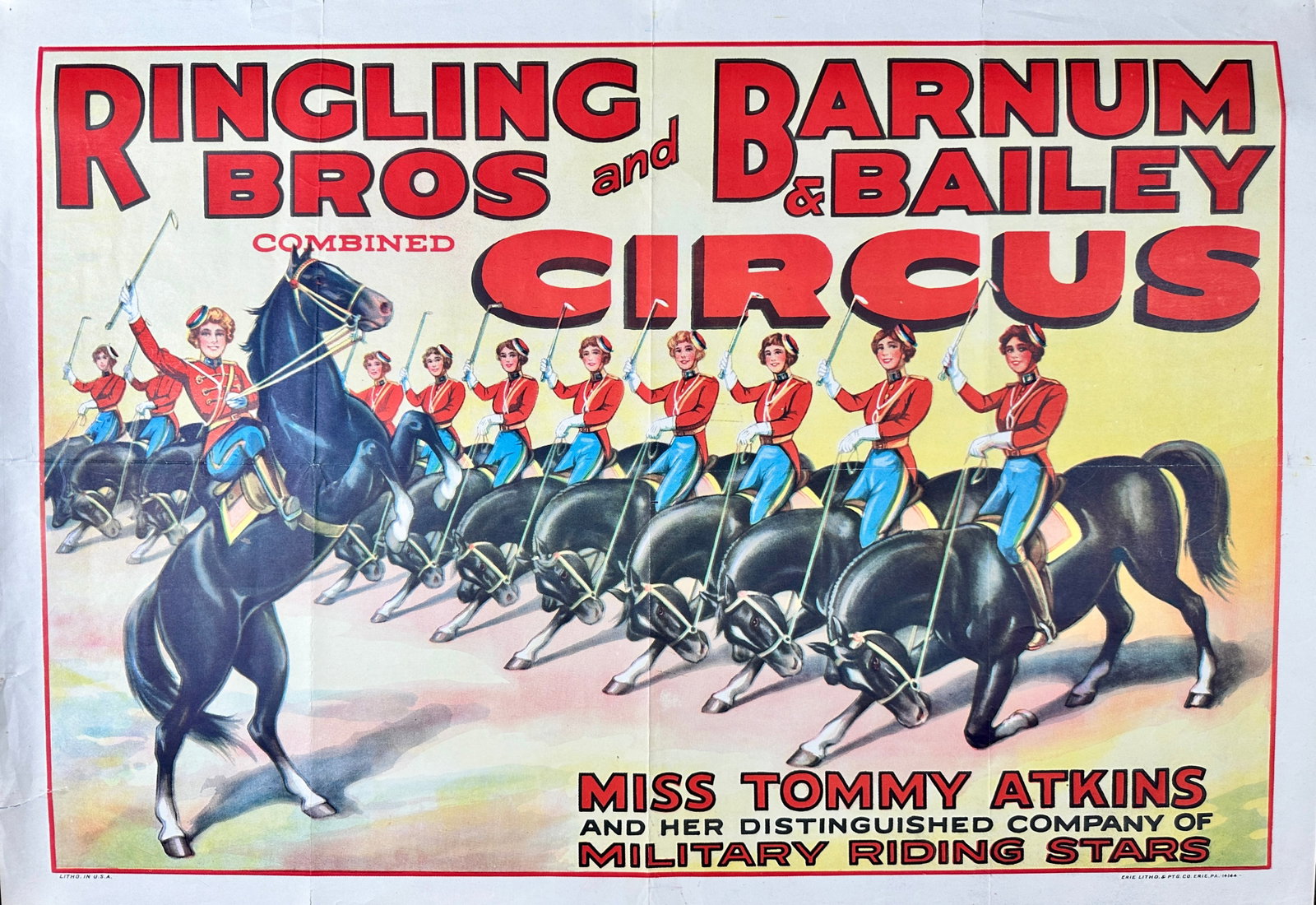 RINGLING BROS. BARNUM BAILEY CIRCUS POSTER: RBBB CIRCUS - MISS TOMMY ATKINS - MILITARY RIDING STARS. HALF SHEET, ERIE LITHO. UNMOUNTED, FOLDS AS ISSUED, SMALL EDGE TEAR, EXCELLENT. APPROX. 21"X28"