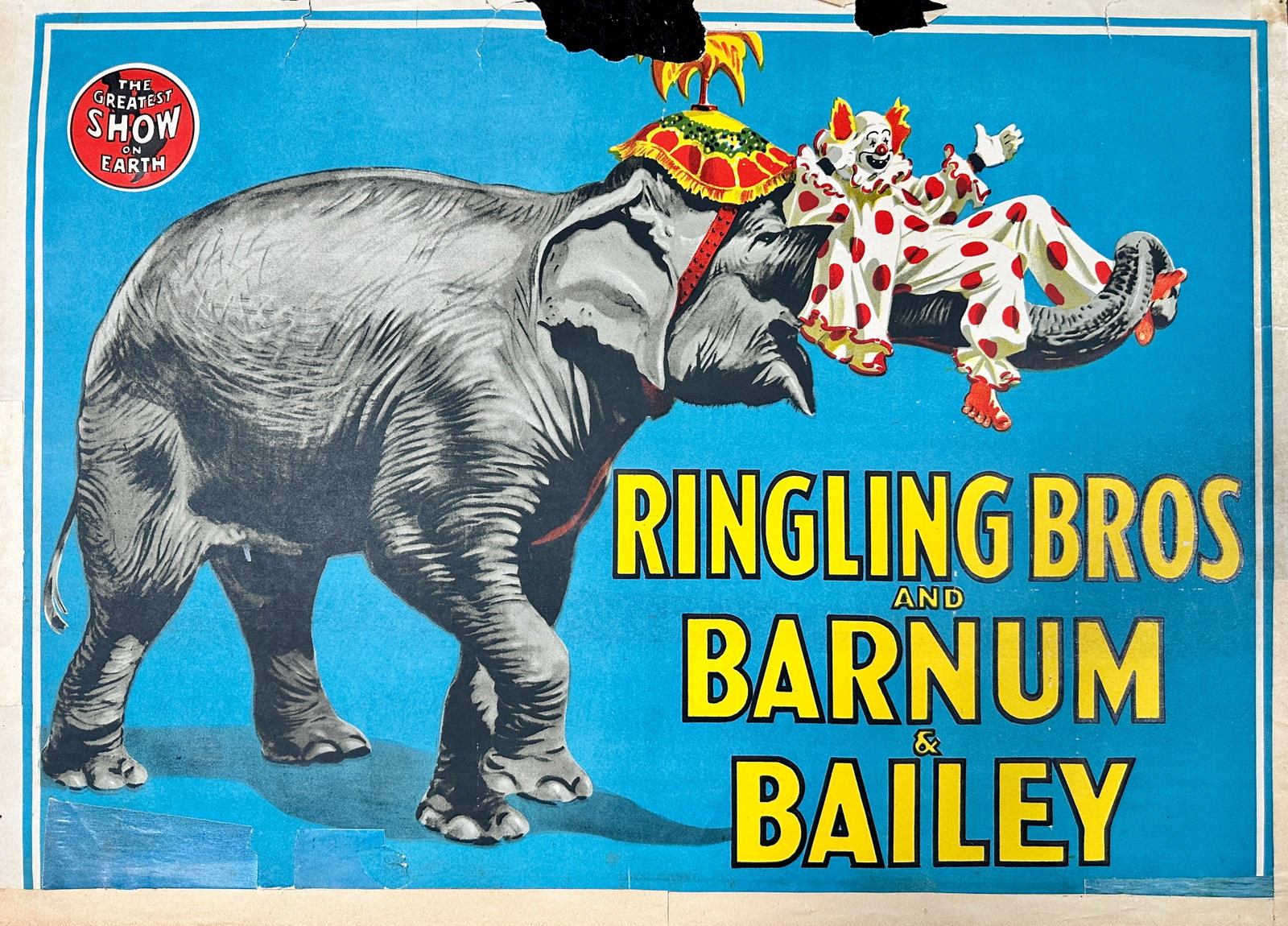 RINGLING BROS. BARNUM BAILEY CIRCUS POSTER: RBBB CIRCUS - BILL BAILEY ILLUSTRATION. HALF SHEET, UNMOUNTED, LOSS AT MARGINS, IN-FILL, RESTORED LOWER MARGIN. APPROX. 21"X28"
