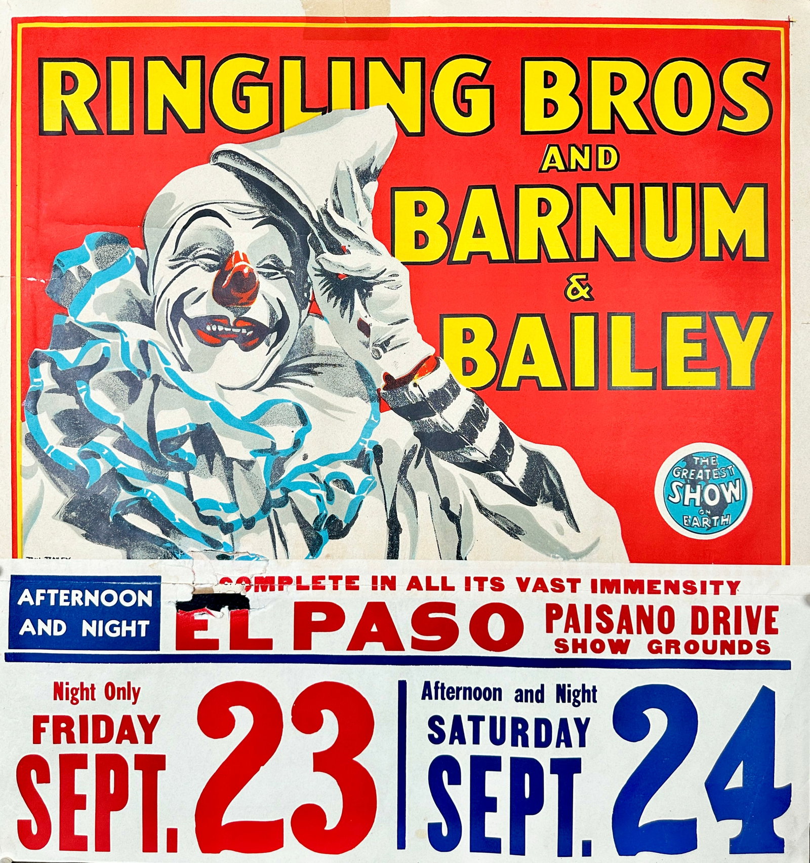 RINGLING BROS. BARNUM BAILEY CIRCUS POSTER: RBBB CIRCUS - TITLE SHEET WITH CLOWN. BILL BAILEY ILLUSTRATION. HALF SHEET WITH DATE TAIL. UNMOUNTED, LOSS AT LOWER MARGIN OF POSTER, EVIDENCE OF POSTING. APPROX. 28"X29"