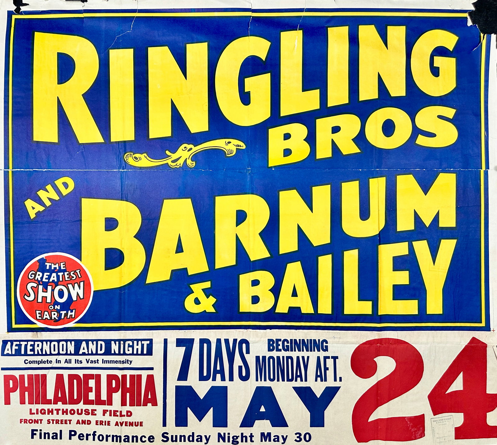 RINGLING BROS. BARNUM BAILEY CIRCUS POSTER: RBBB CIRCUS - TITLE SHEET WITH DATE TAIL. ONE SHEET, UNMOUNTED, FOLDS AS ISSUED, EDGE WEAR INCLUDING LOSS AND SMALL TEARS. APPROX. 36"X42"