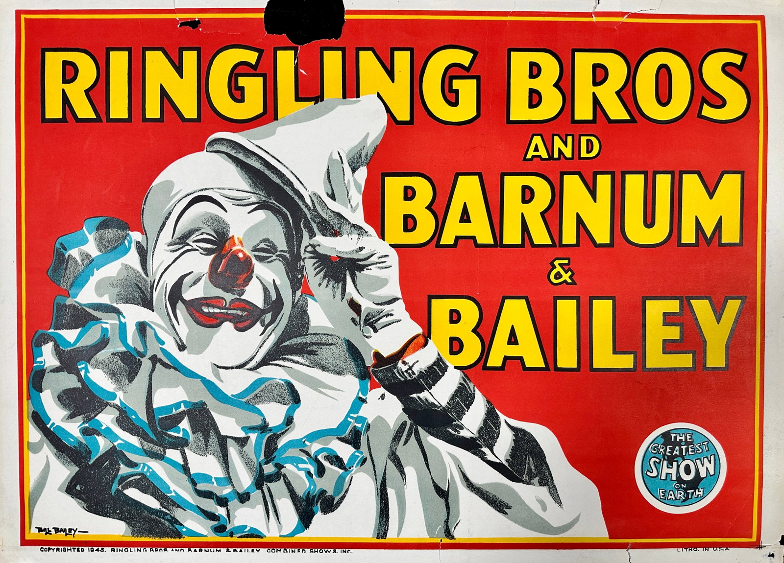 RINGLING BROS. BARNUM BAILEY CIRCUS POSTER: RBBB CIRCUS - BILL BAILEY ILLUSTRATION. HALF SHEET. UNMOUNTED, LOSS AT MARGINS. 21"X28"