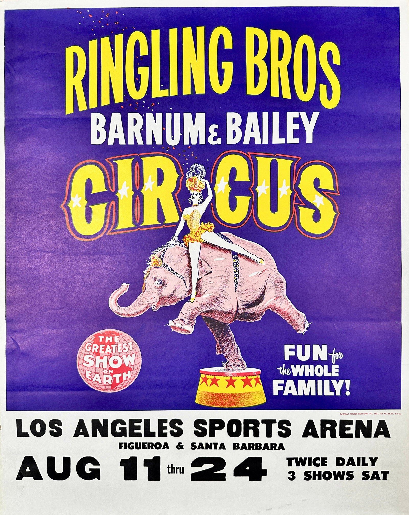 RINGLING BROS. BARNUM BAILEY CIRCUS POSTER: RBBB CIRCUS - L.A. SPORTS ARENA. HALF SHEET, UNMOUNTED, EXCELLENT. APPROX. 21"X28"