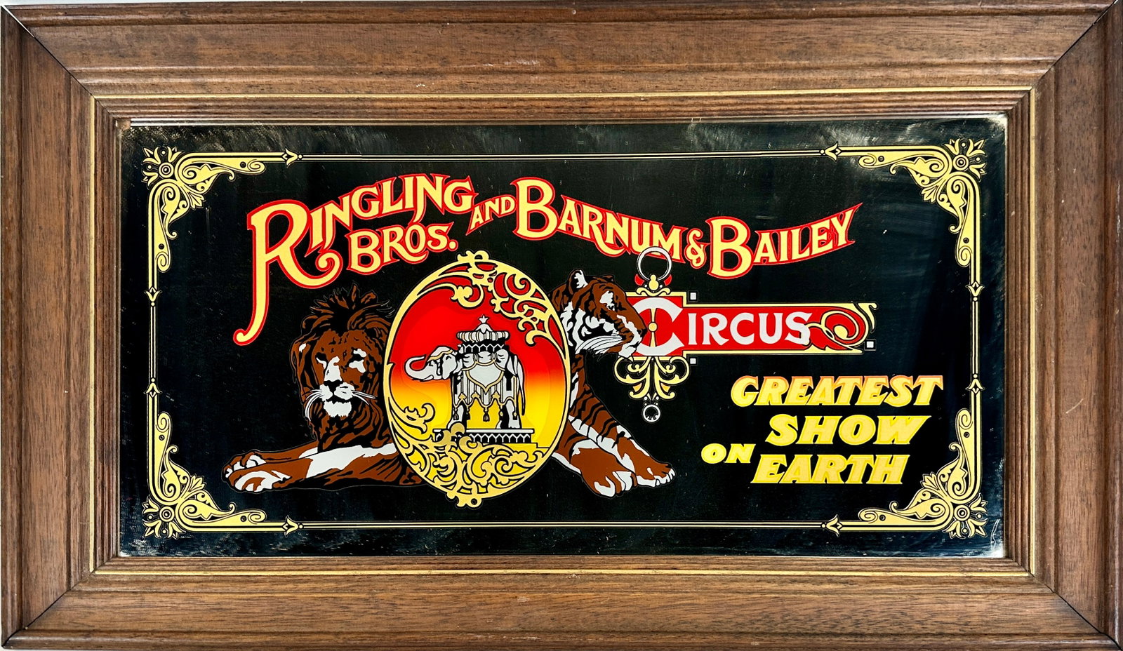 RINGLING BROS. BARNUM BAILEY CIRCUS MIRROR: SOUVENIR WALL MIRROR, COMMEMORATING THE GREATEST SHOW ON EARTH. 16"X28"