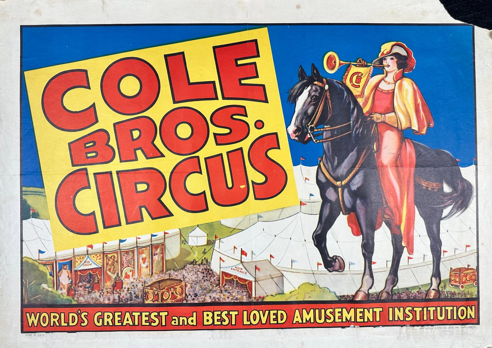 COLE BROS. CIRCUS POSTER: WORLD'S GREATEST AND BEST LOVED AMUSEMENT INSTITUTION. HALF SHEET, ERIE LITHO. UNMOUNTED, LOSS AT CORNER, FOLD, REMNANTS OF DATE TAIL. APPROX. 21"X28"