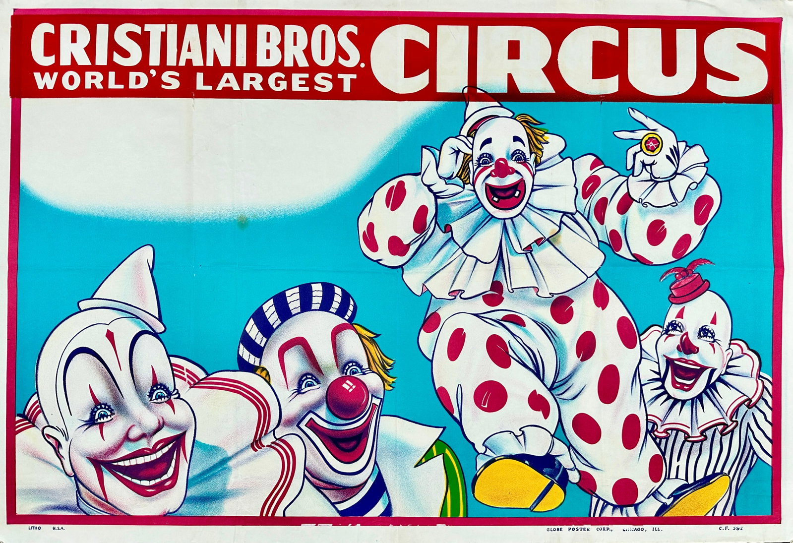 CRISTIANI BROS. CIRCUS POSTER: TITLE WITH CLOWNS. ONE SHEET, GLOBE POSTER CO., FOLDS AS ISSUED. APPROX. 28"X42"