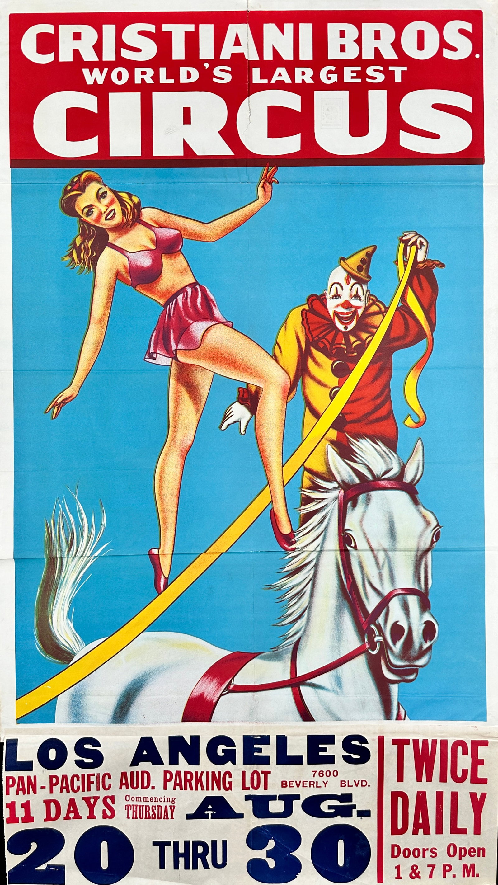 CRISTIANI BROS. CIRCUS POSTER: TITLE WITH EQUESTRIAN AND CLOWN. ONE SHEET WITH DATE TAIL. UNMOUNTED, FOLDS AS ISSUED, TEAR AT FOLD EVIDENCE OF POSTING. APPROX. 28"X50"