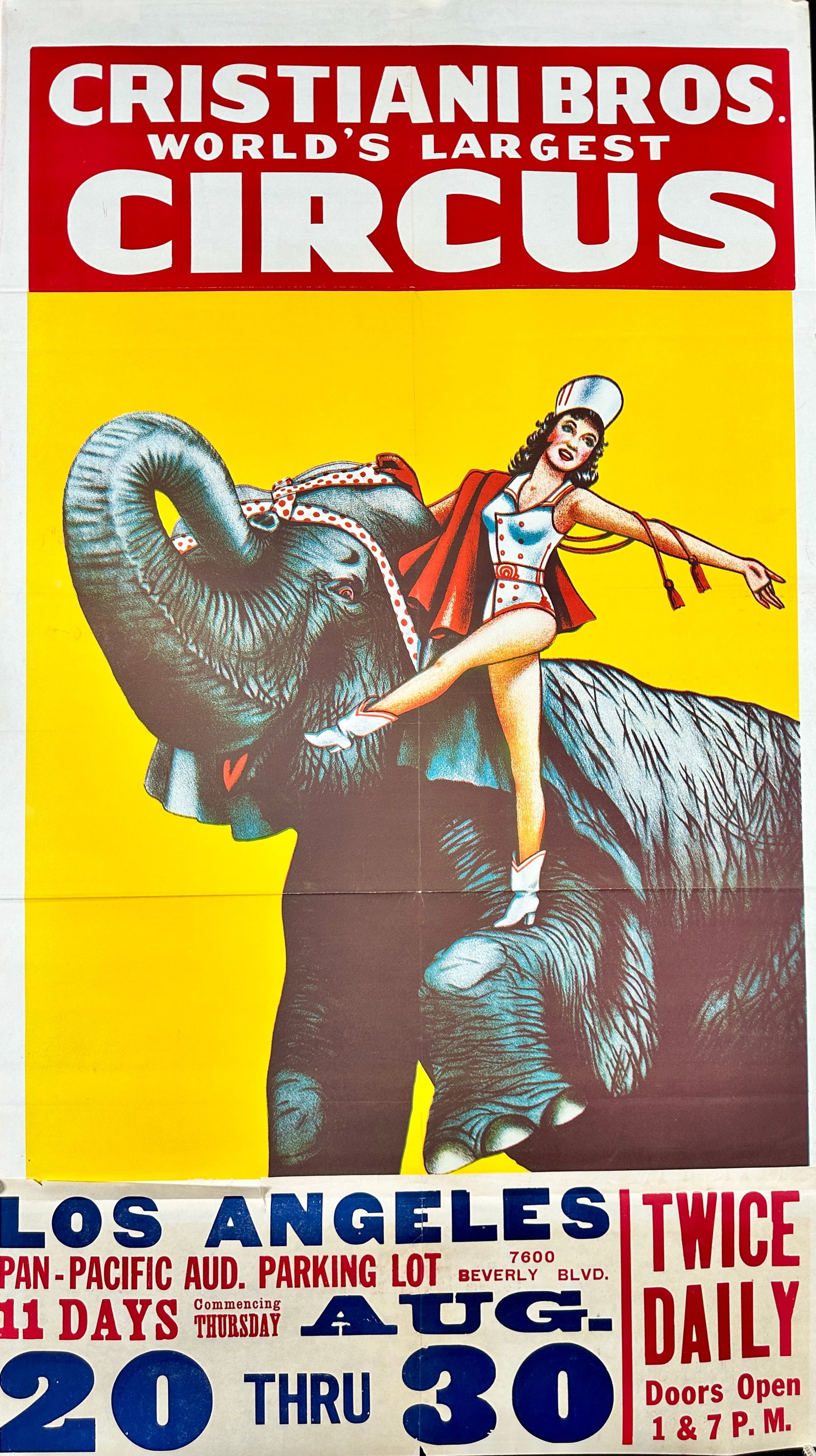 CRISTIANI BROS. CIRCUS POSTER: TITLE WITH ELEPHANT AND FEMALE PERFORMER. ONE SHEET WITH DATE TAIL. UNMOUNTED, FOLDS AS ISSUED. APPROX. 28"X50"