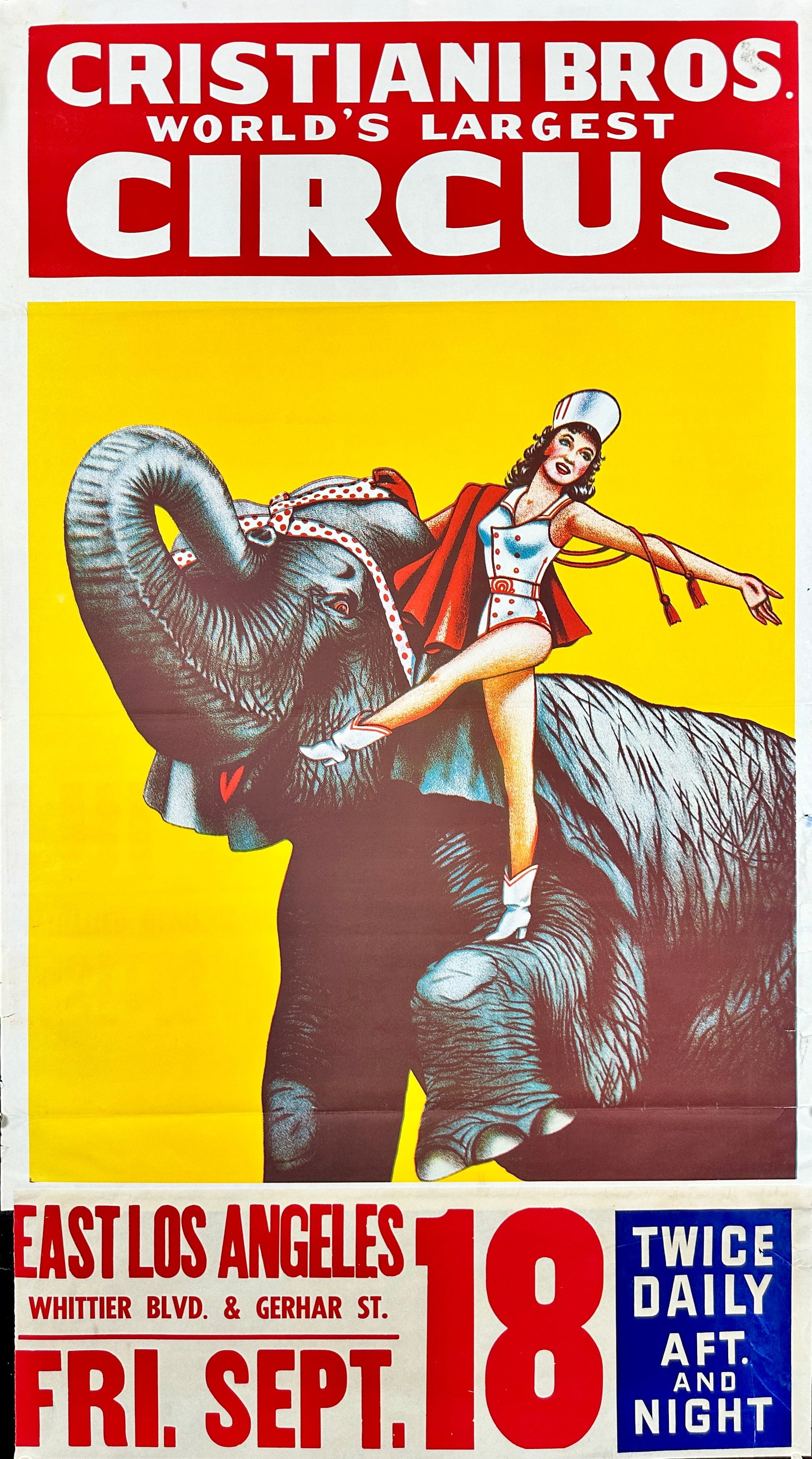 CRISTIANI BROS. CIRCUS POSTER: TITLE WITH ELEPHANT AND FEMALE PERFORMER. ONE SHEET WITH DATE TAIL. UNMOUNTED, FOLDS AS ISSUED. APPROX. 28"X50"