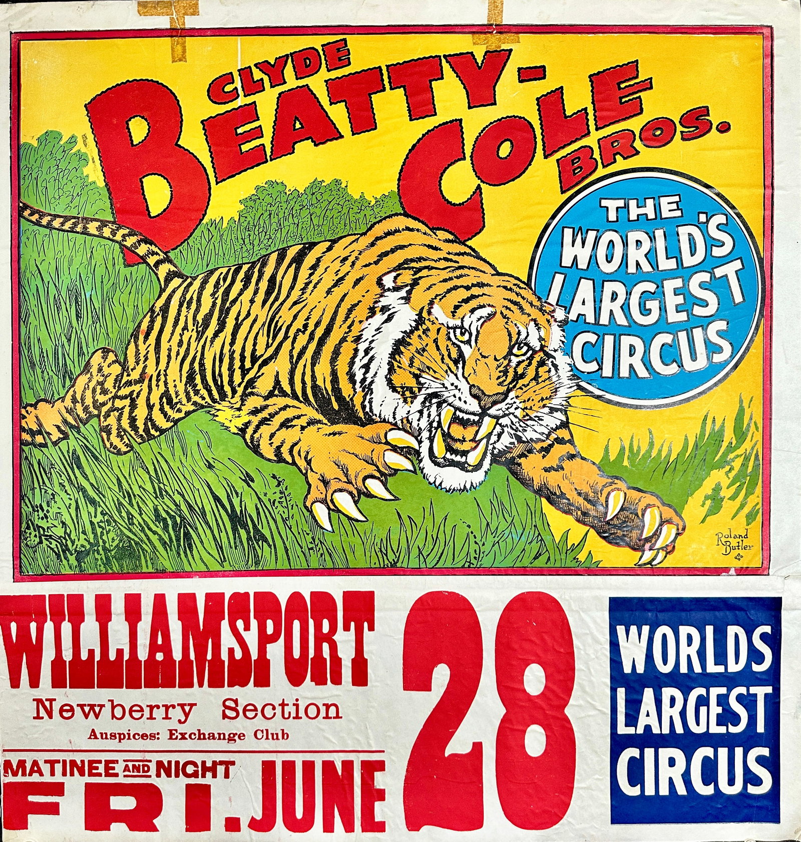 CLYDE BEATTY - COLE BROS. CIRCUS POSTER: HALF SHEET WITH DATE TAIL, ON LINEN. EVIDENCE OF POSTING. 29"X28"