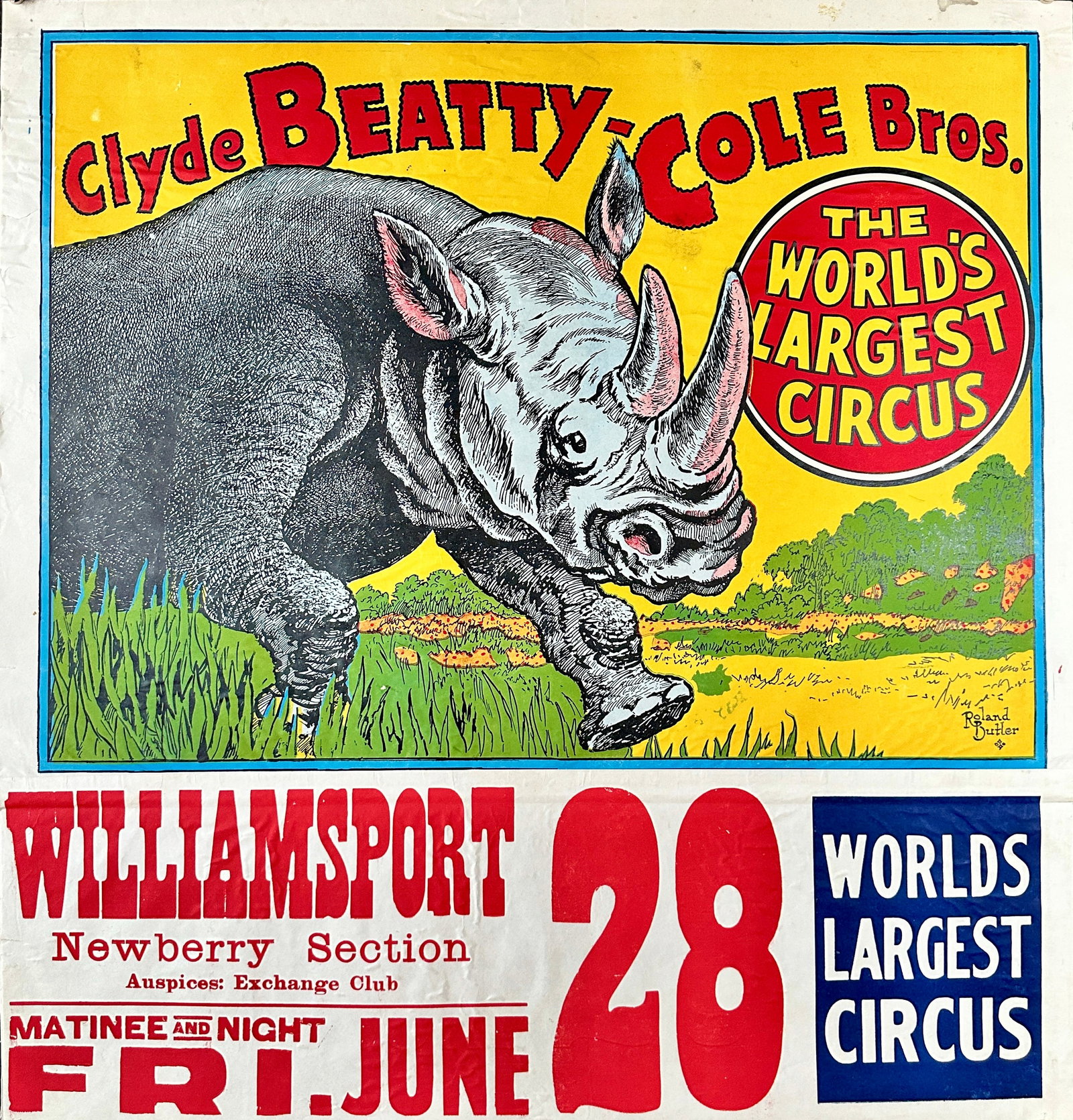 CLYDE BEATTY - COLE BROS. CIRCUS POSTER: HALF SHEET WITH DATE TAIL, ON LINEN. EVIDENCE OF POSTING. 29"X28"