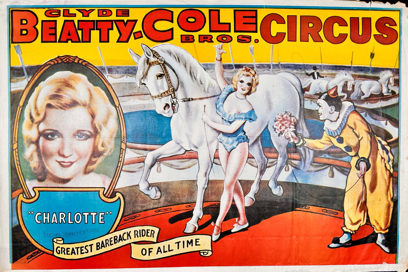 CLYDE BEATTY COLE BROS. CIRCUS POSTER: FEATURING CHARLOTTE - GREATEST BAREBACK RIDER OF ALL TIME. ONE SHEET, UNMOUNTED, MINOR EDGE WEAR, REMNANTS OF DATE TAIL. APPROX. 28"X42"