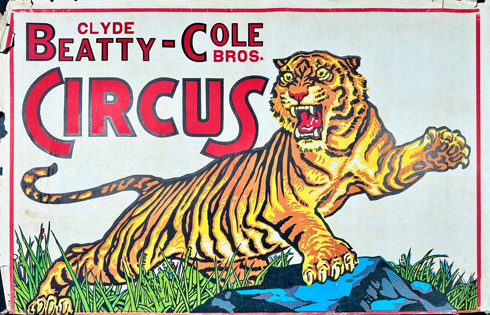 CLYDE BEATTY - COLE BROS. CIRCUS POSTER: ONE SHEET, ENQUIRER PRINTING. UNMOUNTED, EDGE WEAR, TRIMMED, SMALL TEARS. APPROX. 28"X42"
