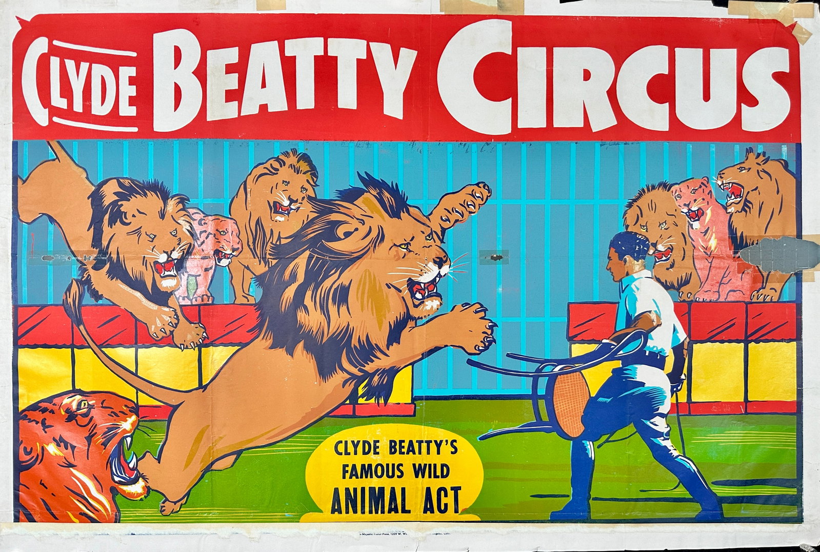CLYDE BEATTY CIRCUS POSTER: CLYDE BEATTY'S FAMOUS WILD ANIMAL ACT. ONE SHEET, UNMOUNTED, TAPE, LOSS, FOLDS. EVIDENCE OF POSTING. APPROX. 28"X42"