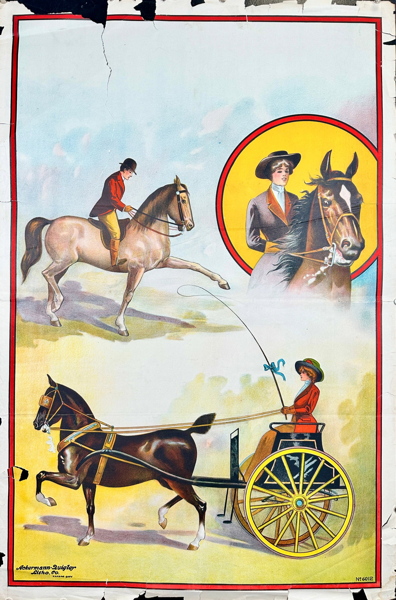 EQUESTRIAN CIRCUS SHOW POSTER: ONE SHEET, ACKERMANN-QUIGLEY LITHO CO., TEARS AT MARGINS, CHIPPING, UNMOUNTED. APPROX. 28"X42"