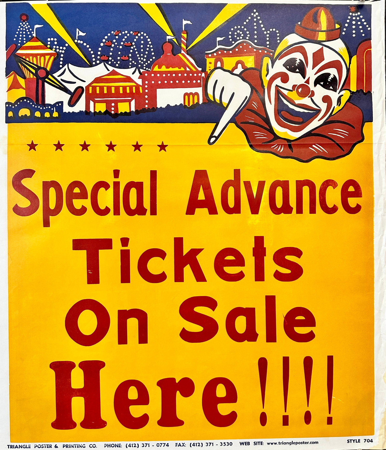 CIRCUS - ADVANCE TICKETS ON SALE POSTER: HALF SHEET PLUS, TRIANGLE POSTER CO. UNMOUNTED, MARGINAL WRINKLES. 28"X32"