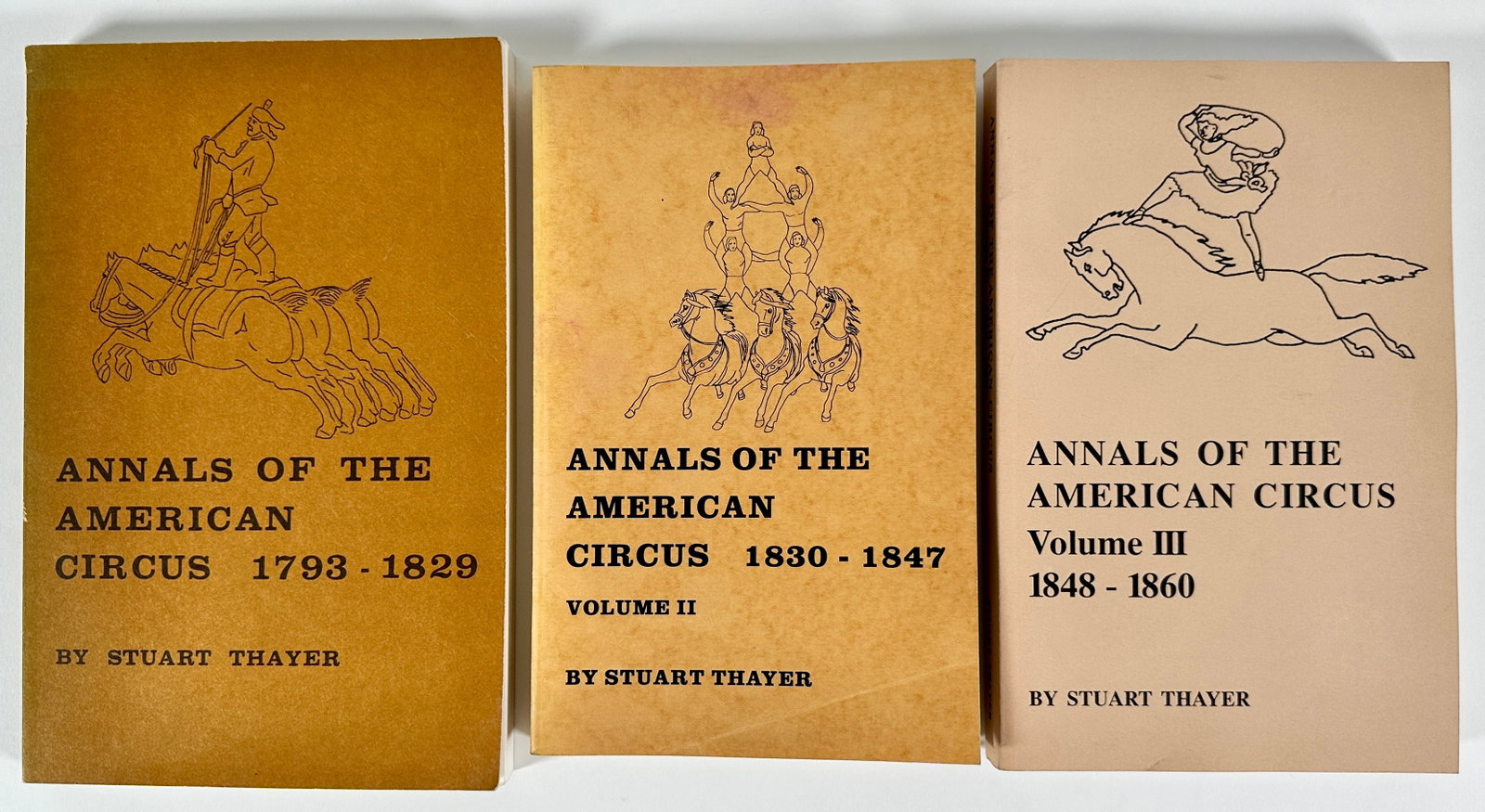 ANNALS OF THE AMERICAN CIRCUS - 1793-1860: STUART THAYER, THREE VOLUMES, PAPER BACK.
