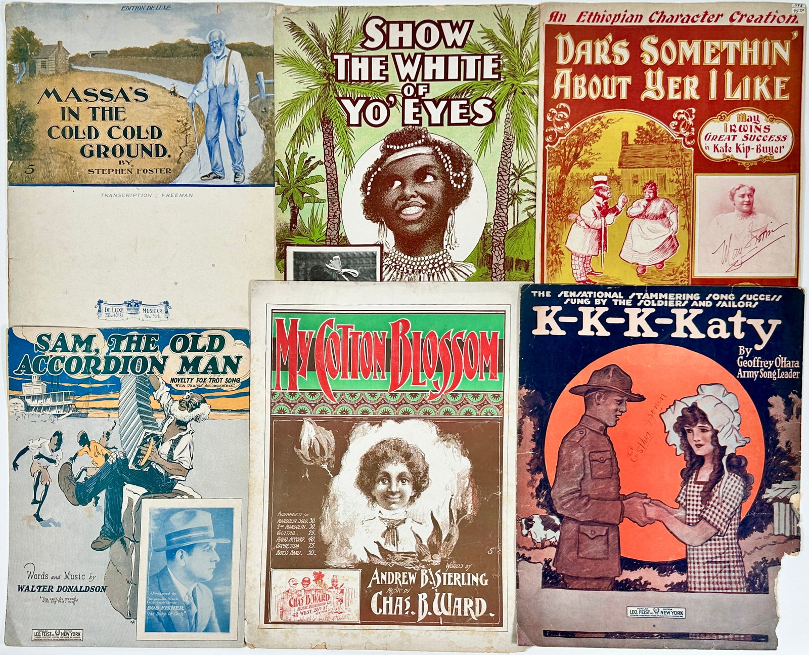 COLLECTION OF VINTAGE SHEET MUSIC: SAM THE OLD ACCORDIAN MAN, MASSA'S IN THE COLD COLD GROUND, SHOW THE WHITE OF YO EYES, MY COTTON BLOSSOM, DAR'S SOMTHIN ABOUT YER I LIKE.