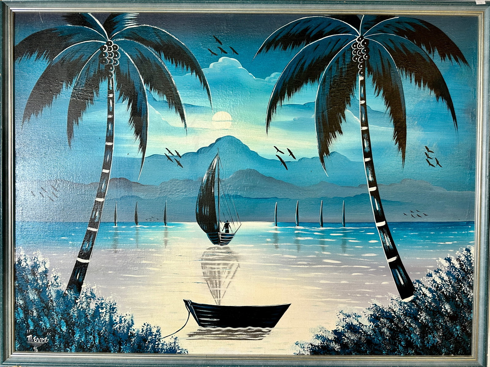 M. EVON HAITIAN MOONSCAPE PAINTING: SIGNED M. EVON, OIL ON BOARD. FRAMED, 30"X39"