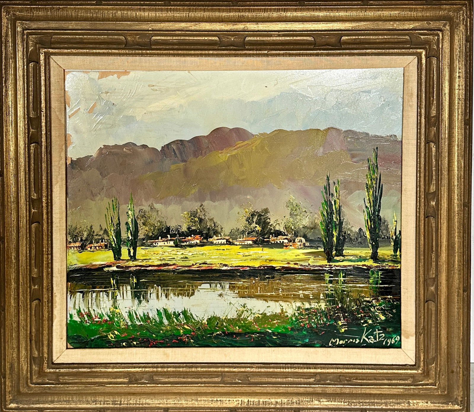 MORRIS KATZ PAINTING: MORRIS KATZ (1932-2010) OIL ON BOARD. SCATTERED PAINT LOSS. FRAMED, 30"X33"