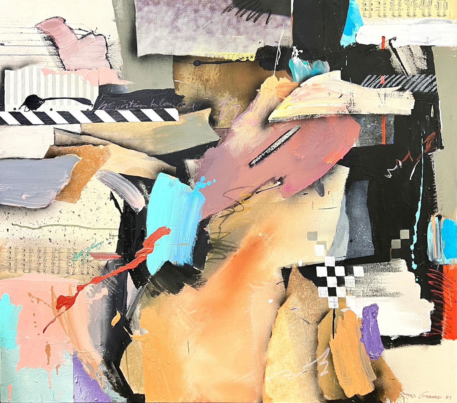 LARGE JONAS GERARD PAINTING: JONAS GERARD (AMERICAN 20/21ST C.) ABSTRACT MIXED MEDIA ON CANVAS TITLED: STRUCTURAL RHYTHM #11. 1987. 48"X54"