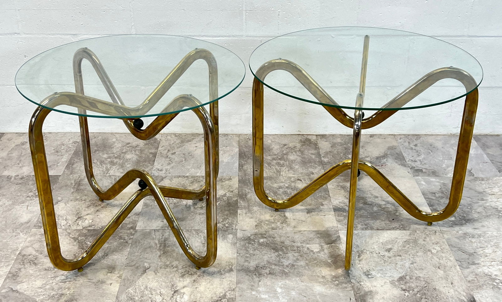 PAIR BRASS AND GLASS SIDE TABLES (1 of 1)