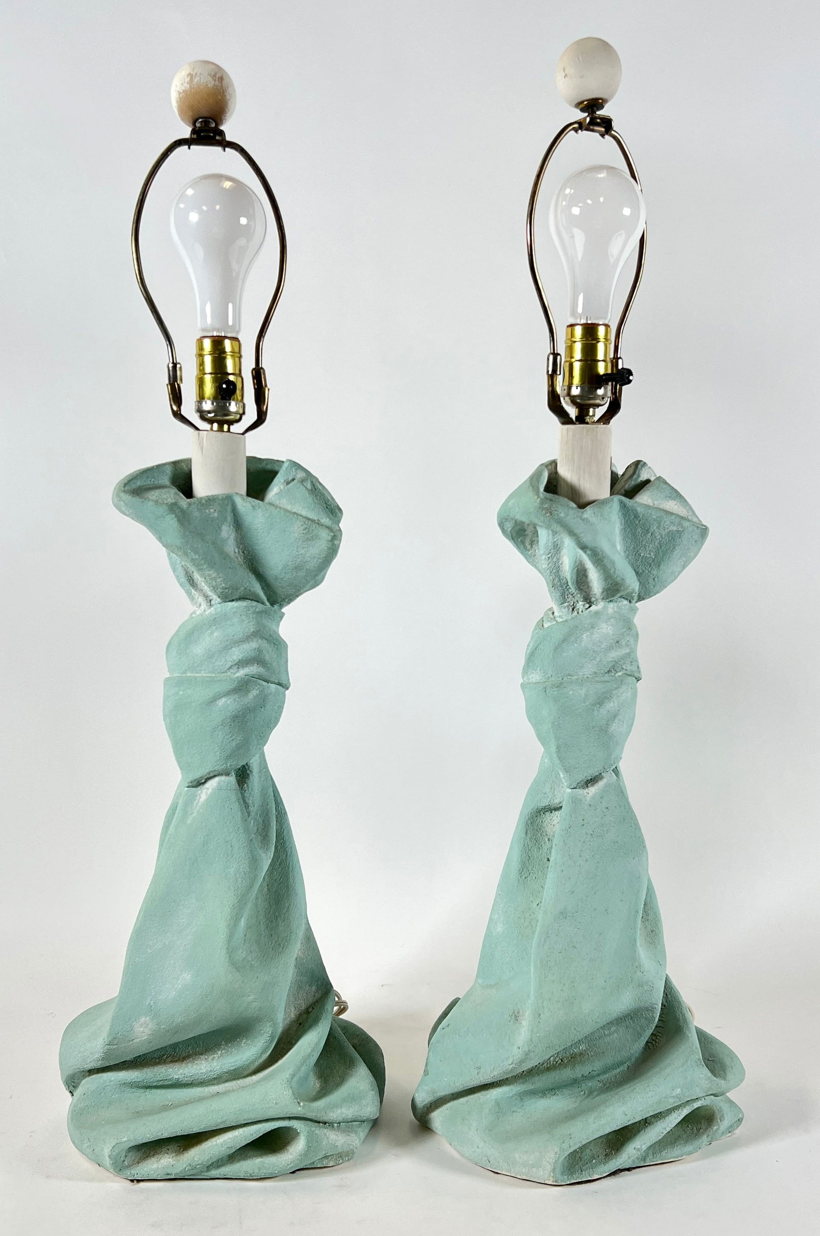 AFTER JOHN DICKINSON PASTEL LAMPS: DRAPED PLASTER TABLE LAMPS PAIR. 30" BASE TO FINIAL.