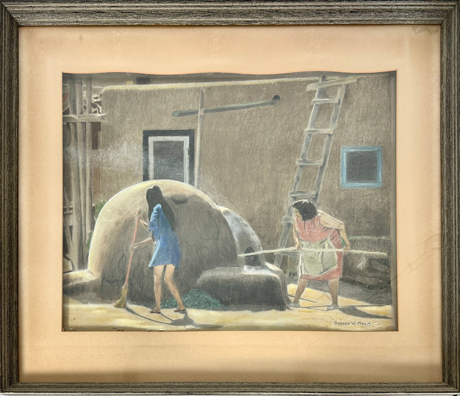 GORDON W. MALM PAINTING: PASTEL PAINTING TITLED: PUEBLOS BAKING BREAD. FRAMED, 26"X31"