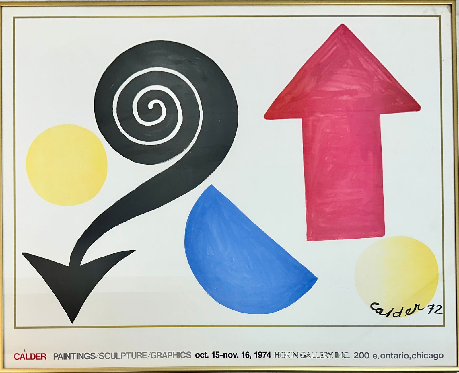 ALEXANDER CALDER EXHIBITION POSTER: CALDER AT HOKIN GALLERY, CHICAGO, 1974. FRAMED, 24"X29"
