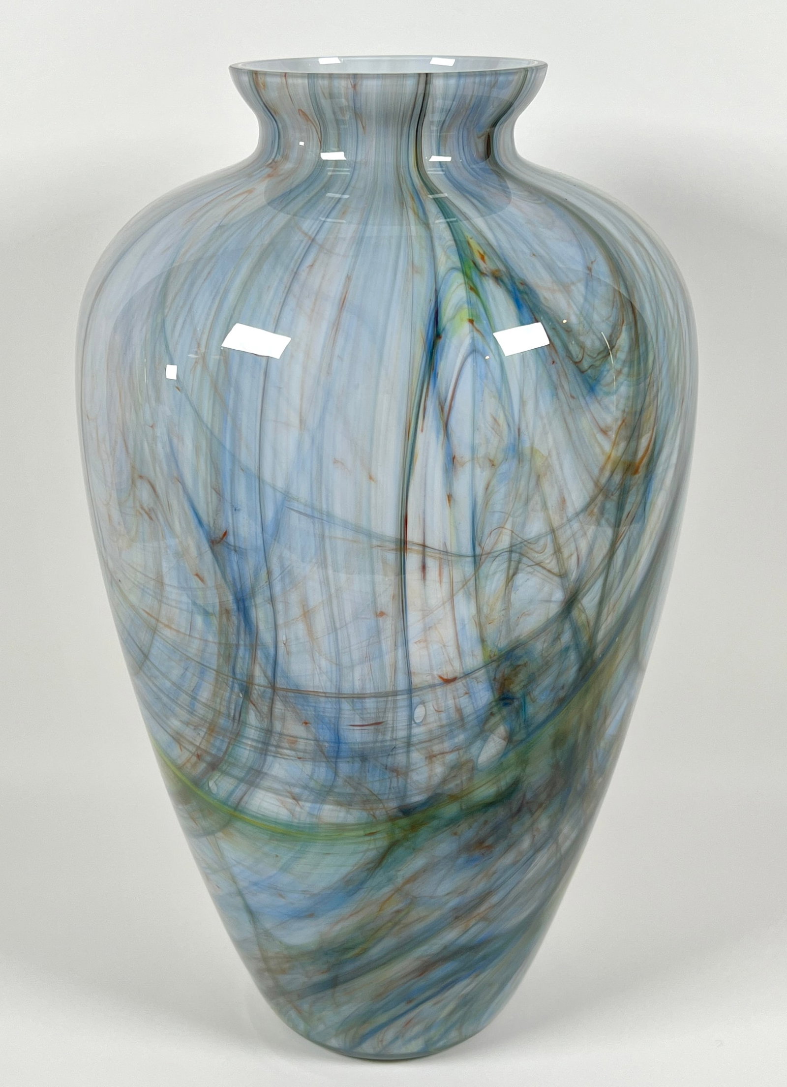 LARGE MURANO ART GLASS VASE: SWIRL PATTERNS, ITALY LABEL. 18"