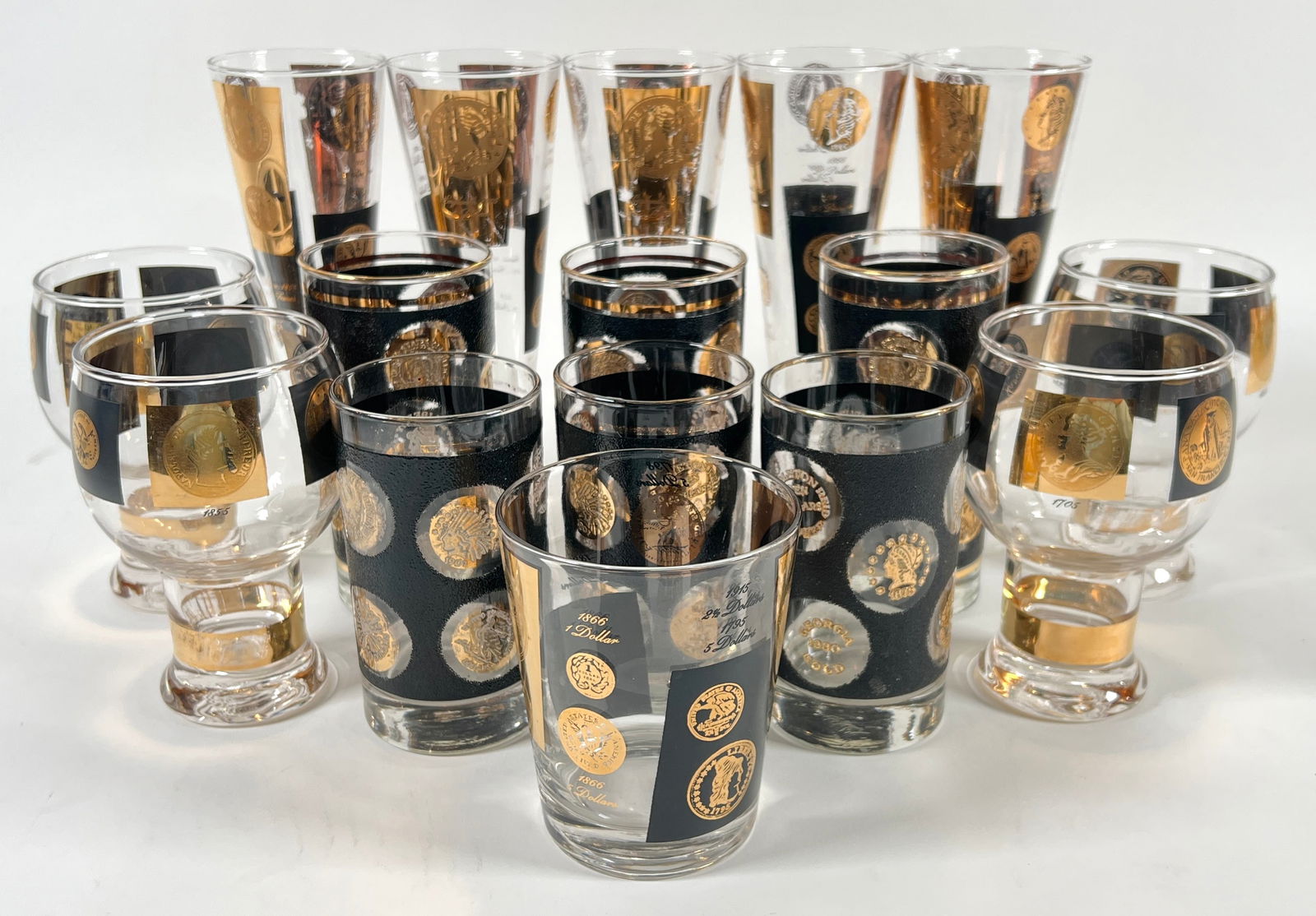 VINTAGE CERA COIN GLASS BARWARE: SOME WITH LIGHT WEAR. TALLEST 8.5"