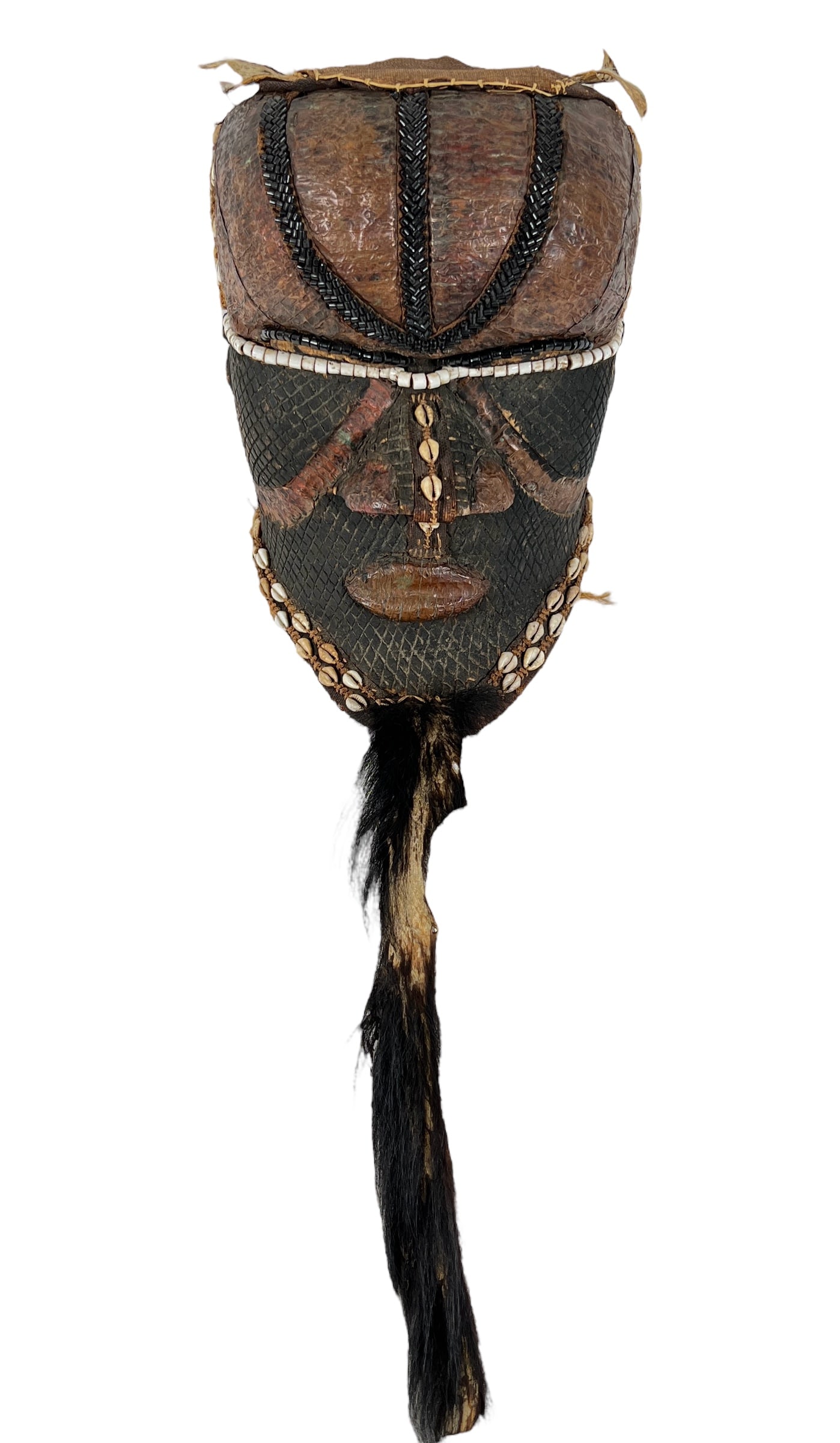 ROYAL KUBA CEREMONIAL HELMET: ANTIQUE CEREMONIAL TRIBAL HELMET, EMBROIDERED, COWRIE SHELLS, LIZARD SKIN. CONGO - AFRICA. 13"