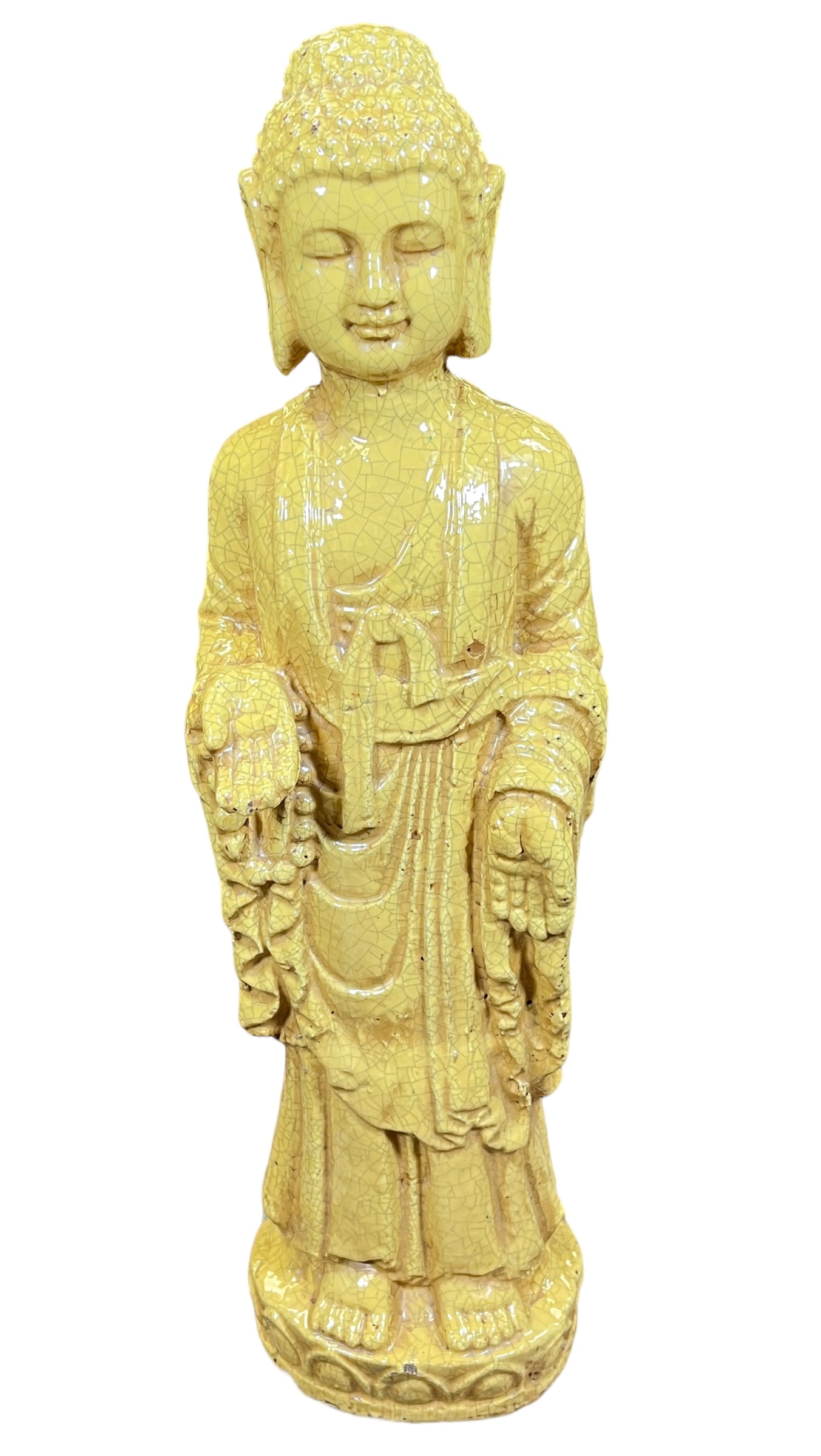 GUAN YIN BUDDHA STATUARY: LARGE POTTERY SCULPTURE WITH APPLIED CRAQUELURE. 36"