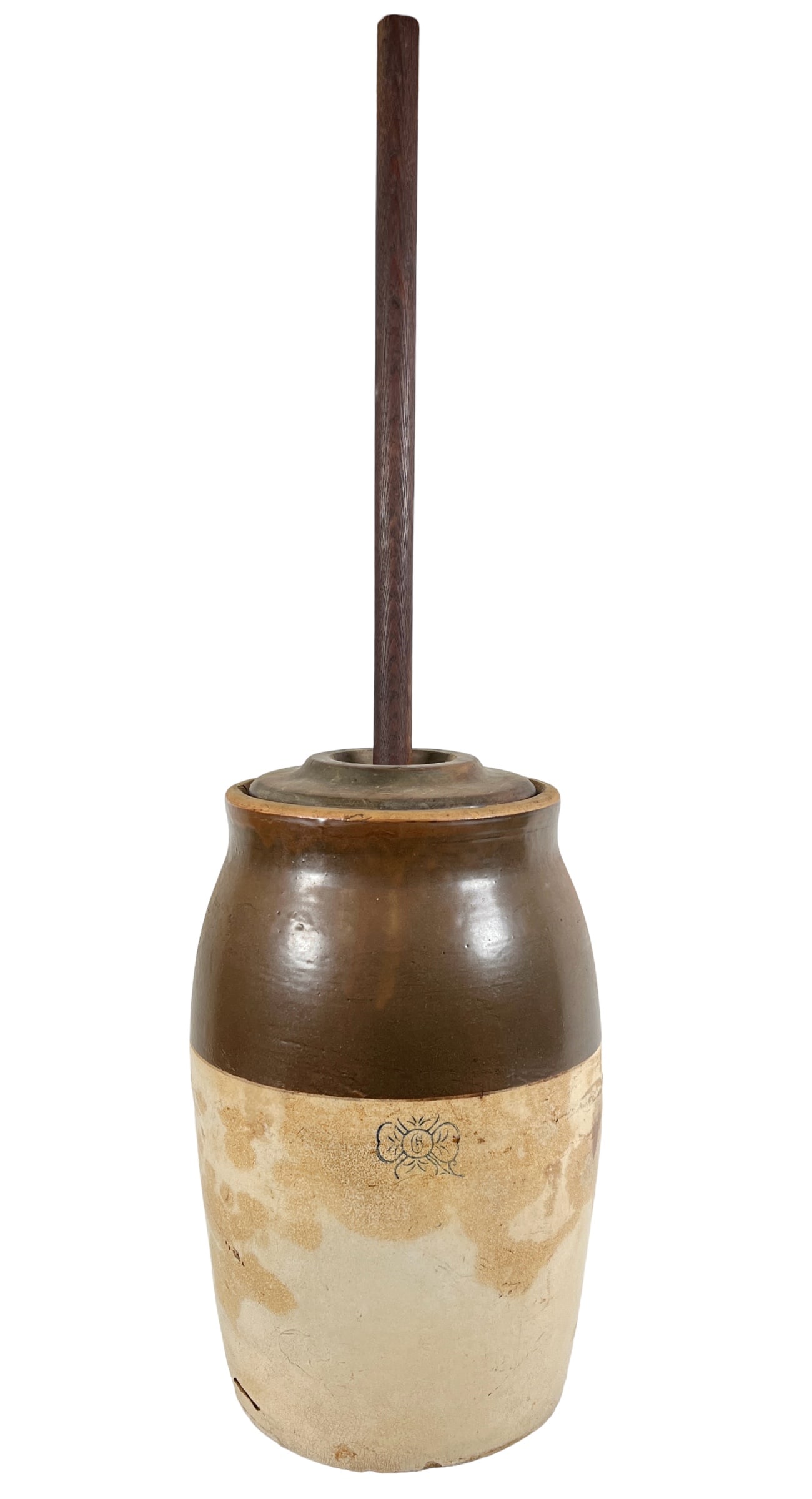 PRIMITIVE STONEWARE CHURN: 19" PLUS HANDLE