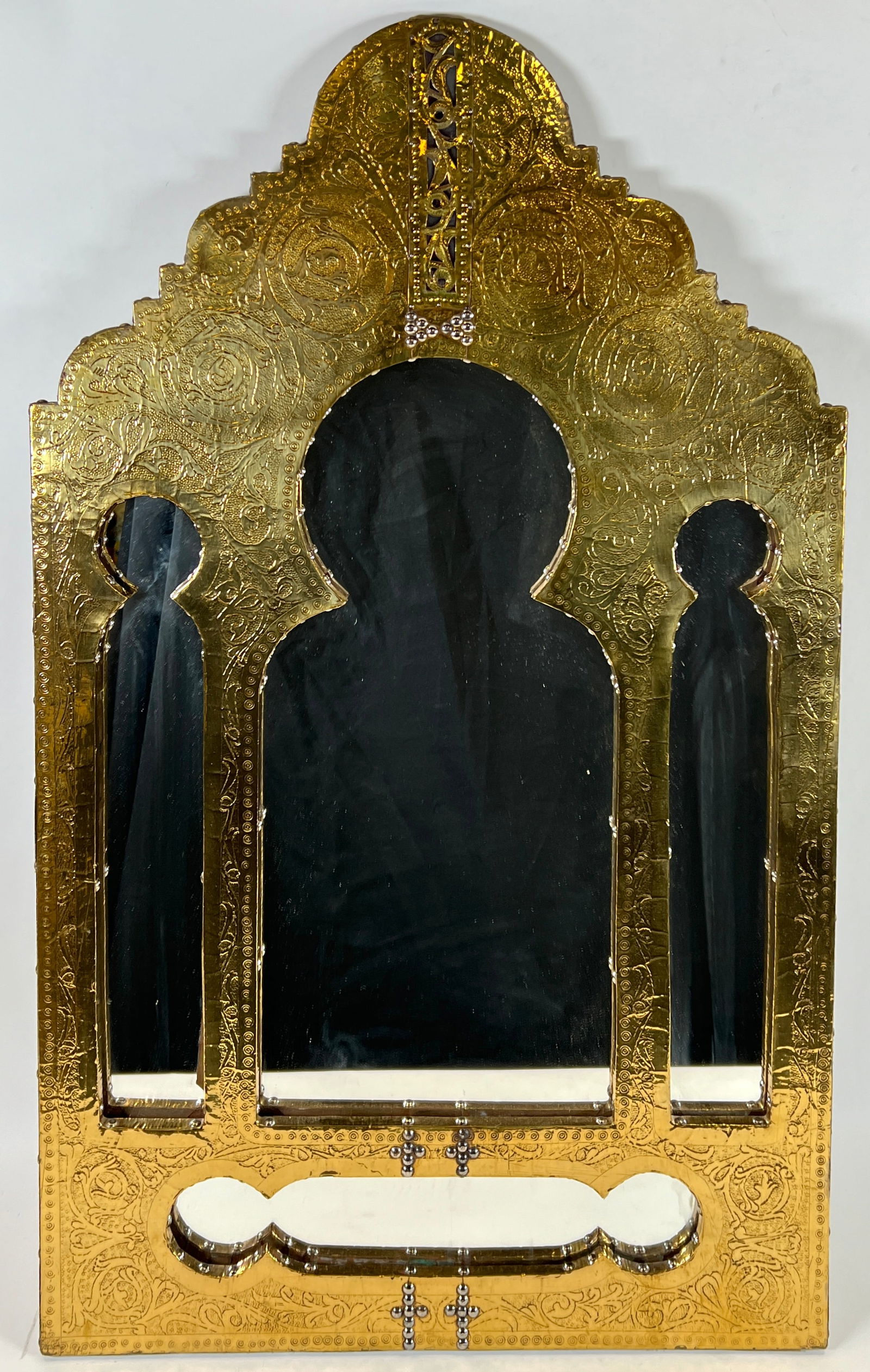 MOROCCAN ANTIQUED BRASS CLAD MIRROR: 25"X41".