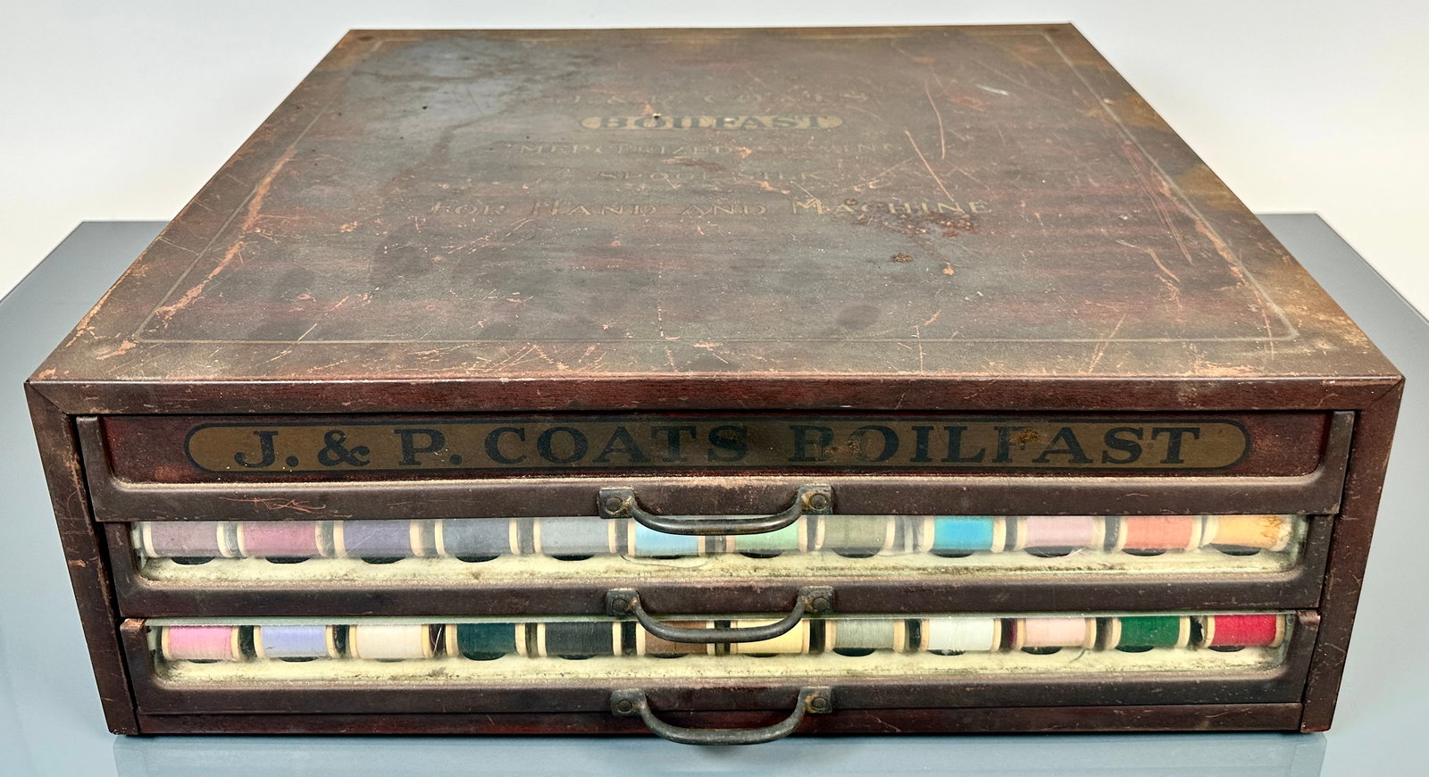 J&P COATS BOILFAST THREADS SPOOL CABINET: 19"X17"X6"